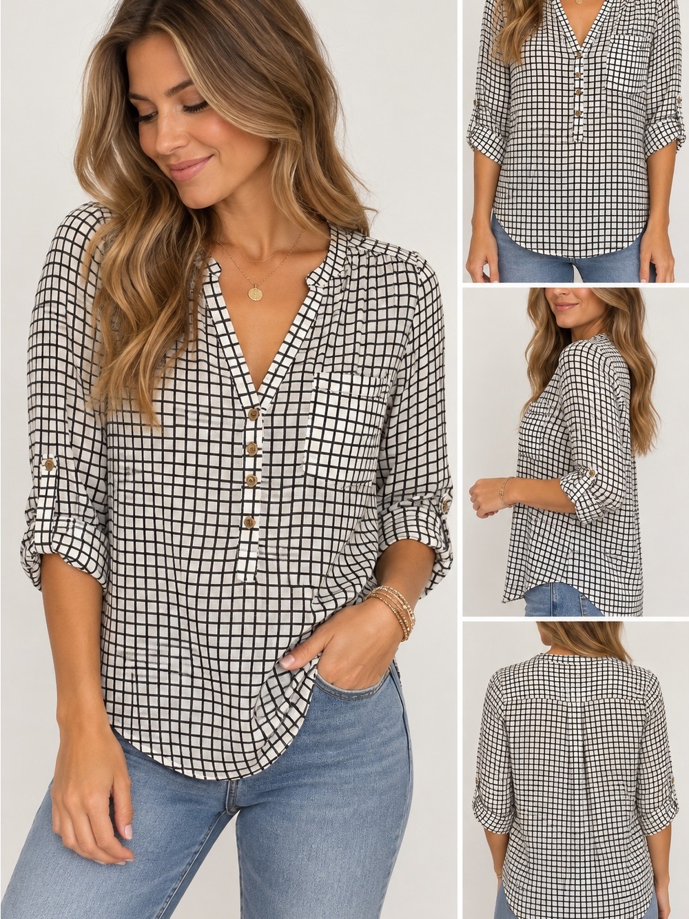 Apt. 9 Black & White Windowpane Henley Blouse